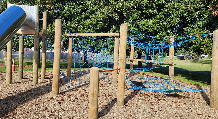 Aorere Park - A section of the older kids play area showing a variety of climbing nets and the top of the slide.
