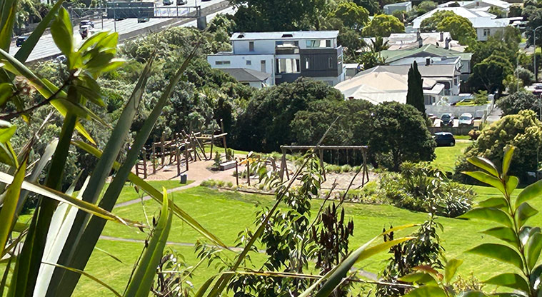 Arch Hill Scenic Reserve - View from the top of the steps at the Great North Road entrance. Photo credit: S Hulse.
