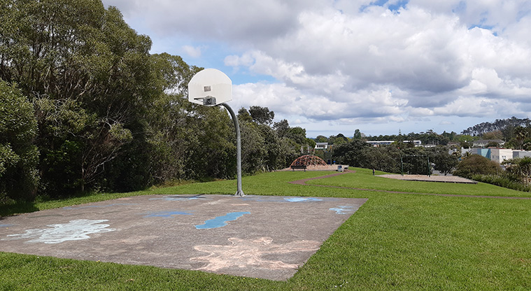 Arch Hill Scenic Reserve - Basketball half court with the playground in the background. Photo credit: T Hodder.