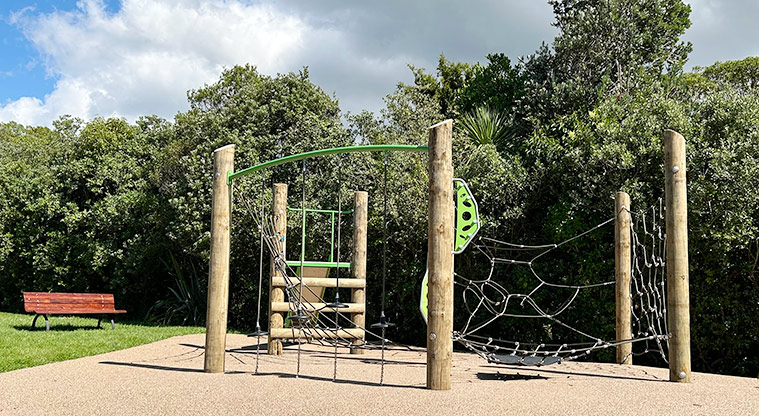 Arch Hill Scenic Reserve - Climbing nets with a seat on the grass on the left. Photo credit: S Hulse.