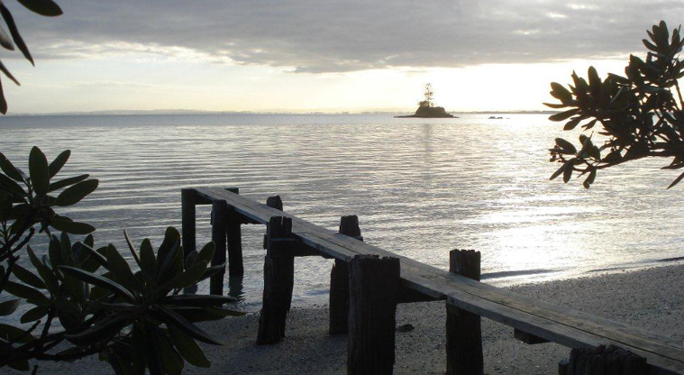 Awhitu Regional Park - view of Kauritūtahi Island from the beach.