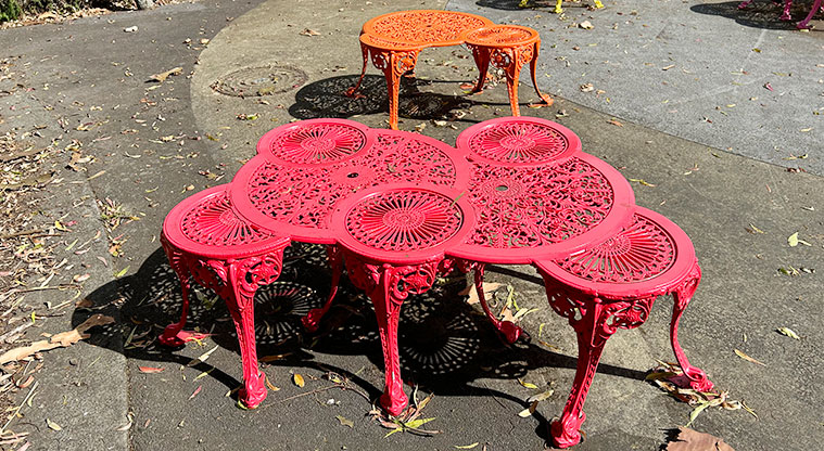 Ballantyne Square - Colourful decorative seats on the footpath on the Dominion Road side of the reserve. Photo credit: S Hulse.