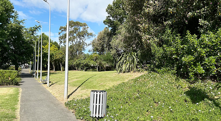 Ballantyne Square - Section of the path with lights, open grassed space and trees. Photo credit: S Hulse.