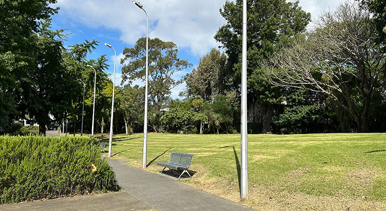 Ballantyne Square - One of the many seats along the edge of the path through the reserve. Photo credit: S Hulse.