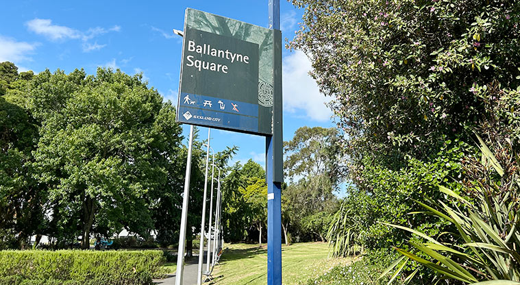Ballantyne Square - Sign on the Dominion Road side of the reserve. Photo credit: S Hulse.