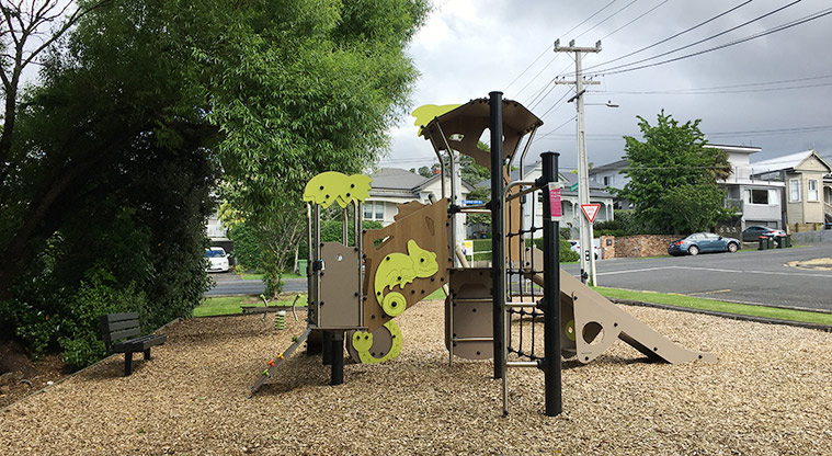 Bannerman Reserve - Play tower with slides, ramps and climbing wall, with the seat and trees on the left. Photo credit: S Hulse.