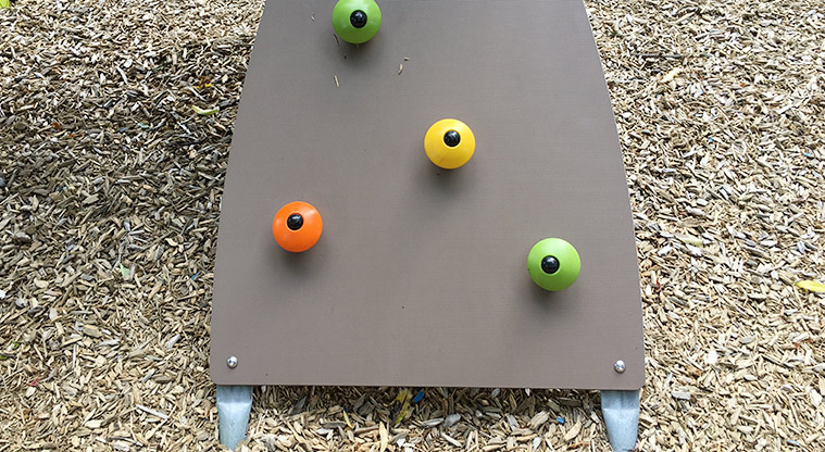 Bannerman Reserve - Climbing wall with colourful hand holds. Photo credit: S Hulse.