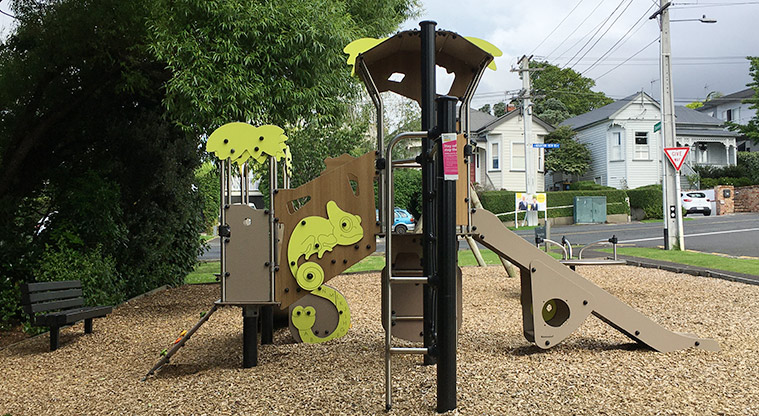 Bannerman Reserve - Play tower with slides, ramps and ladder, with the spinning disc in the background. Photo credit: S Hulse.