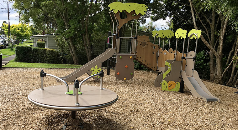 Bannerman Reserve - Play tower with slides, ramps and climbing wall, with the spinning disc in the foreground. Photo credit: S Hulse.