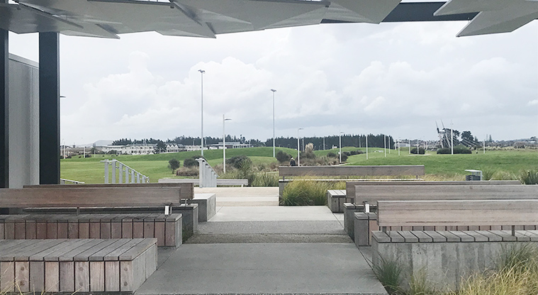 Barry Curtis Park - Covered shelter and seating looking over the sports fields.