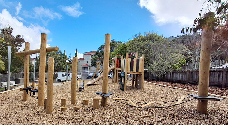 Belle Verde Reserve - Wobbly bridge, hanging rope swings, and the junior play module in the background.