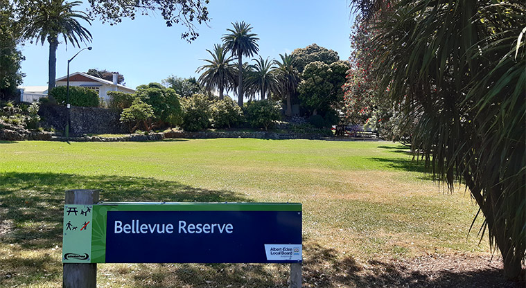 Bellevue Reserve - Sign at the Dominion Road entrance to the park, with open space and trees in the background.