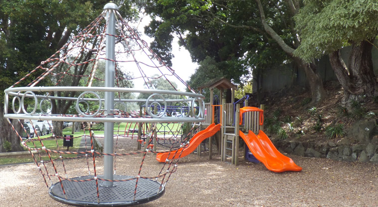 Bellevue Reserve - Domed net climbing frame, with the rest of the playground in the background. Photo credit: J Grigg.