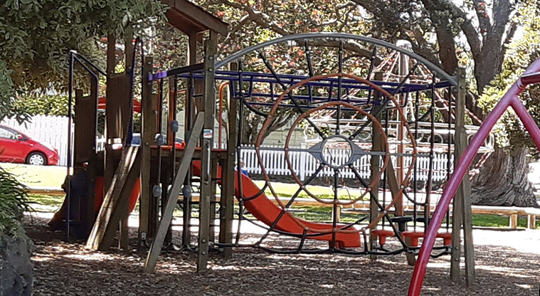 Bellevue Reserve - Climbing equipment with nets, poles, ropes, and ladders.