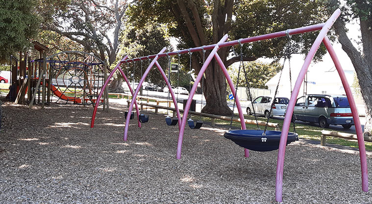 Bellevue Reserve - Swing set with a basket swing, and climbing equipment in the background.