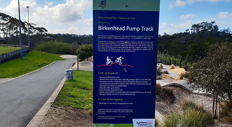Birkenhead War Memorial Park - Sign with the rules of the bike pump track. Photo credit: S Hulse.