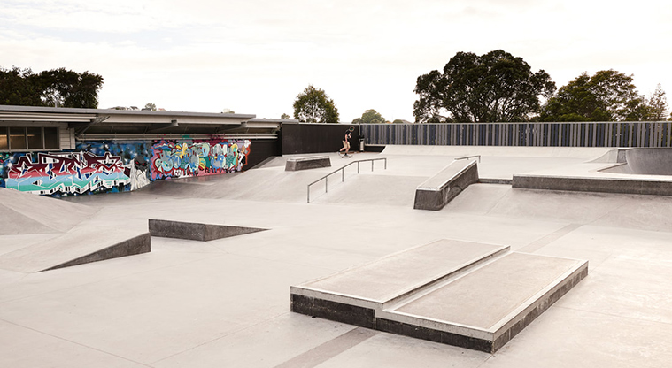 Birkenhead War Memorial Park - Section of the skate park with ledges, a ramp and rail. Photo credit: Jay Farnworth