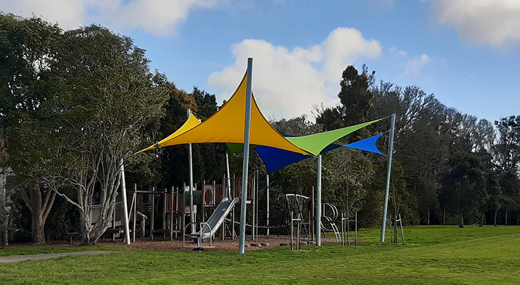 Birkenhead War Memorial Park - Playground with climbing equipment, slide, spinning toys and swings. Photo credit: S Hulse.