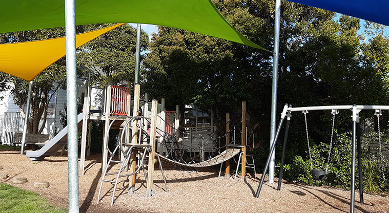 Birkenhead War Memorial Park - Playground with climbing equipment, slide, spinning toys and swings. Photo credit: S Hulse.