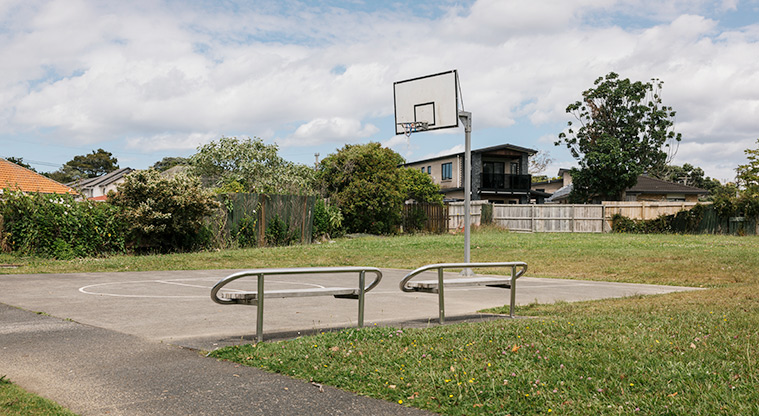 Bob Hill Reserve - Basketball half-court with seats along one side and open grassed space. Photo credit: J Farnworth.
