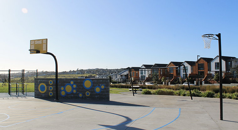 Bonair Crescent Stormwater Pond - Netball hoop and basketball half-court. Photo credit: M Loubser.