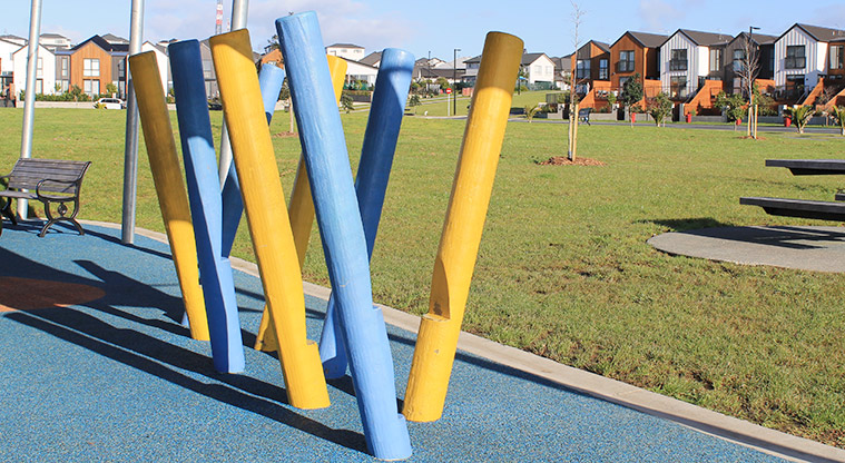 Bonair Crescent Stormwater Pond - Coloured poles for climbing through. Photo credit: M Loubser.