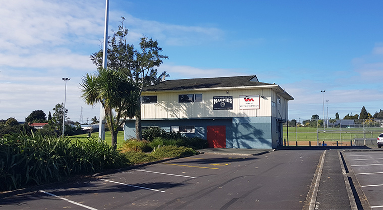 Onewherowhero / Brains Park - Section of the car park with the Western Magpies Softball Club rooms in the background.