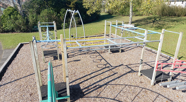 Onewherowhero / Brains Park - Looking down at the variety of climbing and swinging equipment for older kids.