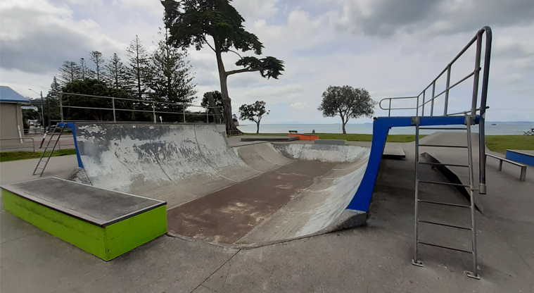 Browns Bay Beach Reserve - Skate half-pipe with the beach in the background. Photo credit: T Hodder.