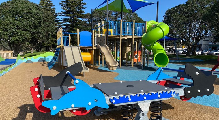 Browns Bay Beach Reserve - Nautical themed rocking equipment in front of a playground with many slides. Photo credit: T Hodder.