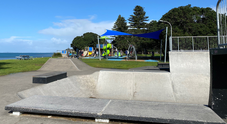 Browns Bay Beach Reserve - Skate park next to the playground with half-pipes, quarter pipes, ledges and more. Photo credit: T Hodder.