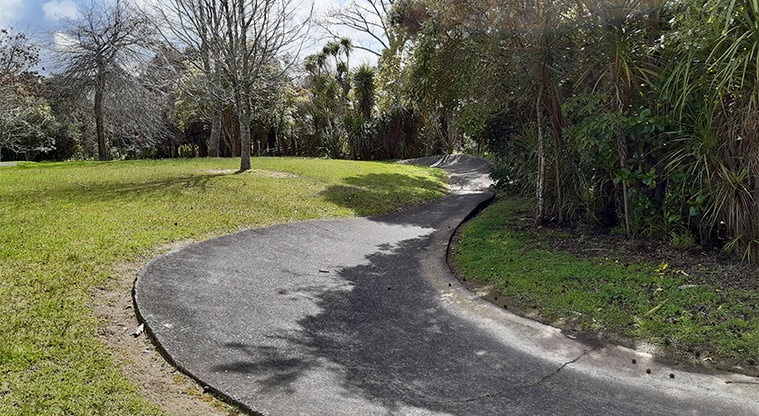 Ōkaurirahi / Ceramco Park – Path leading around the edge of the park with bush on the right.