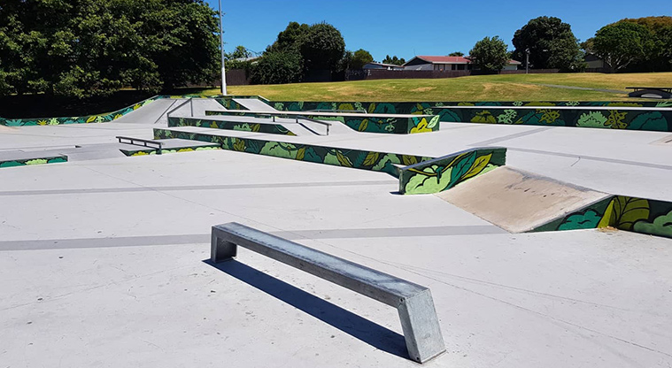 Clendon Community Centre Reserve - Section of the skate park with rails, ramps and ledges. Photo credit: Aaron Martin.