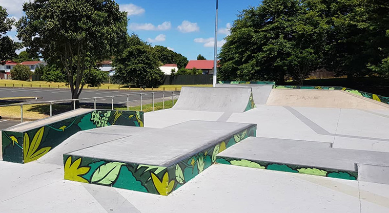 Clendon Community Centre Reserve - Section of the skate park with benches, ledges, a low half-pipe and the car park and trees in the background. Photo credit: Aaron Martin.