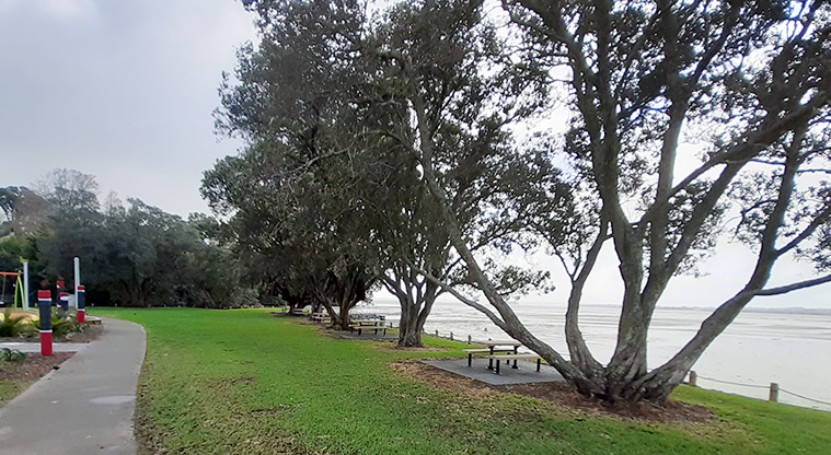 Cockle Bay Reserve - Section of path with trees and picnic tables, and views over Cockle Bay.