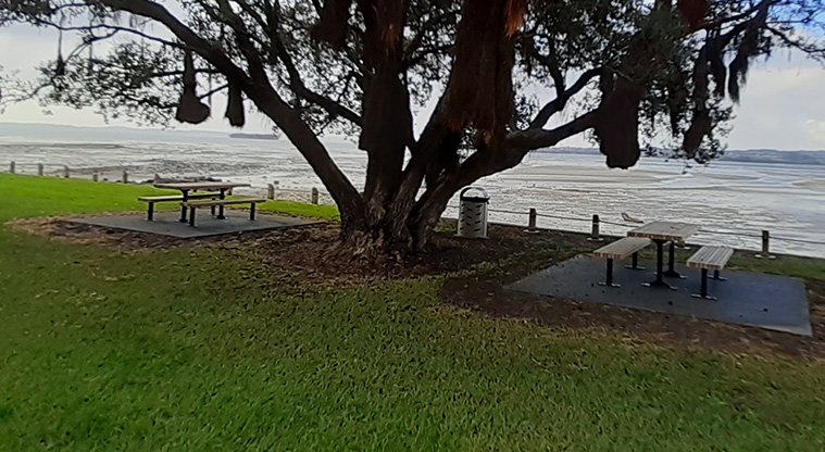 Cockle Bay Reserve - Two picnic tables and bench seats under a tree, with Cockle Bay in the background.