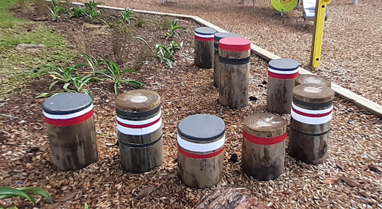 Cockle Bay Reserve - Colourful stumps for balancing and jumping across.
