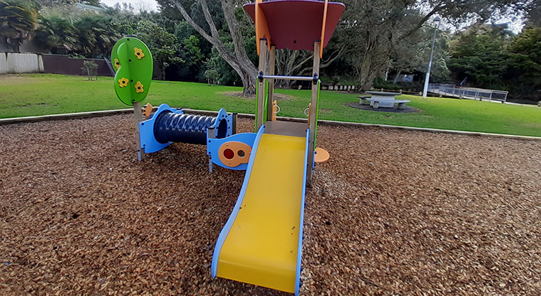 Cockle Bay Reserve - Part of the junior play module with a covered platform, blue tunnel and slide.