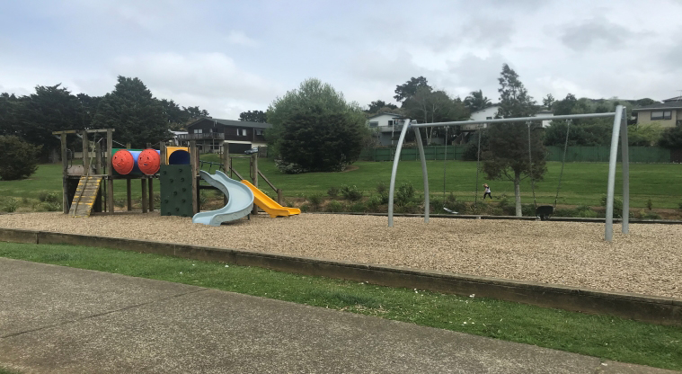 Colin Lawrie Park – Playground with climbing towers, slides, and swings.