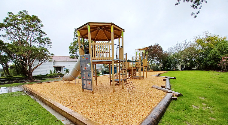 Collins Park - Playground with open grassed space and trees in the background.