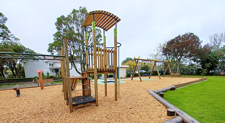 Collins Park - Climbing tower with the swings in the background.
