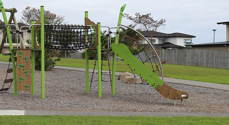 Constellation Park - Section of the playground with climbing equipment, tunnel and slide. Photo credit: S Hulse.