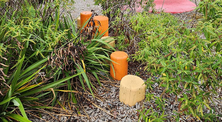 Toetoe-roa / Cooper Park - Nature play section with colourful wooden stumps through a section of garden.