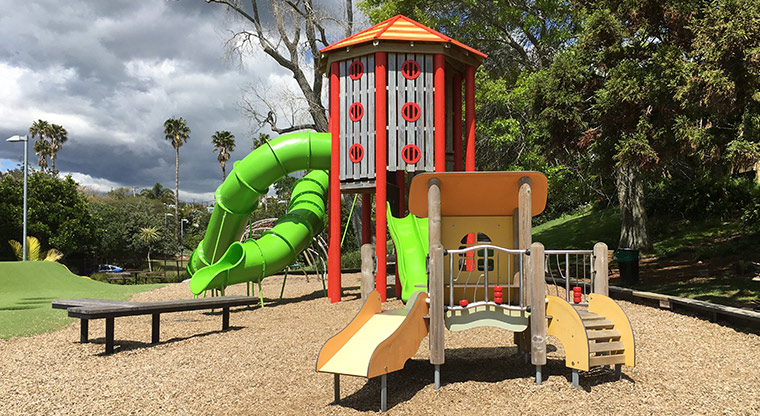 Cox's Bay Reserve – Climbing equipment and slides for both age groups. Photo credit: S Hulse.