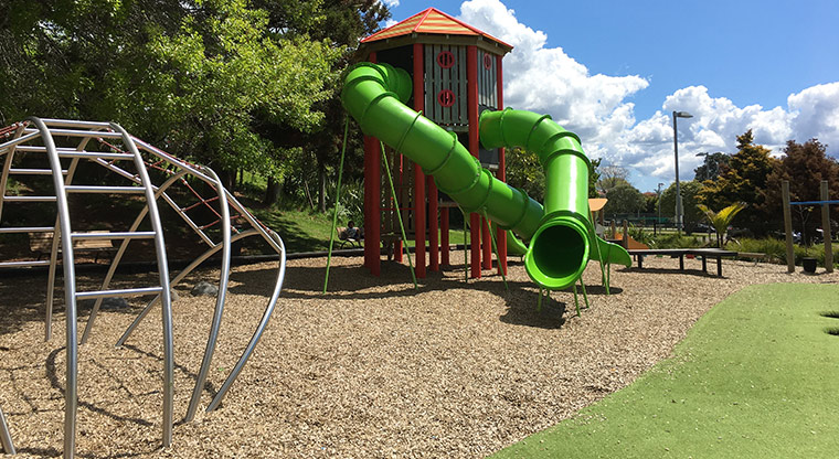 Cox's Bay Reserve – Spider climbing frame and high slide. Photo credit: S Hulse.
