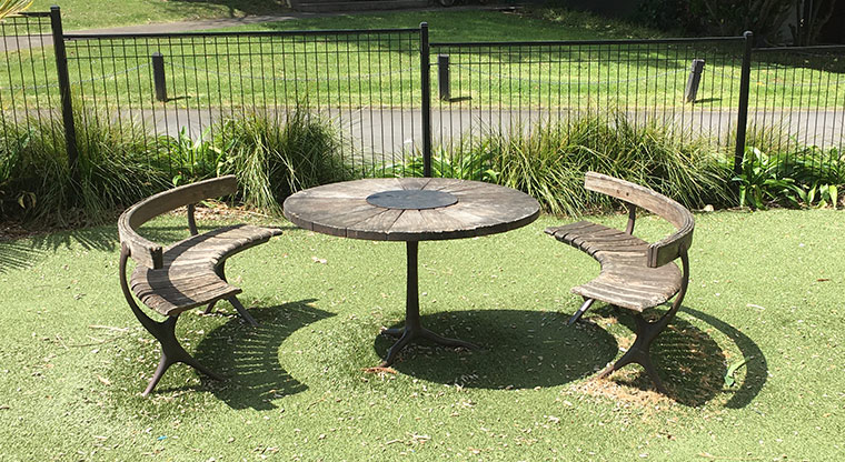 Cox's Bay Reserve – Circular table and seats. Photo credit: S Hulse.