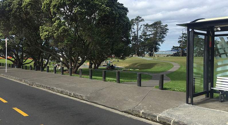 Coyle Park – bus stop at the end of Pt Chevalier Road, with the park and playground in the background.