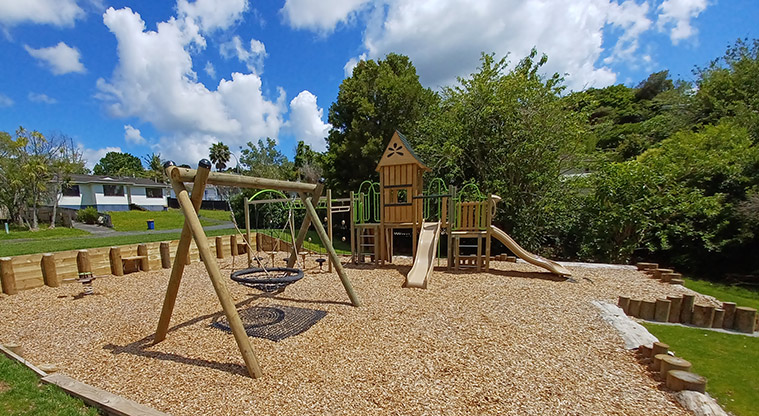 Cranston Street Reserve - Basket swing with the play module, climbing equipment and slides in the background.