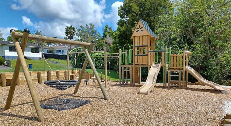 Cranston Street Reserve - Playground with a basket swing, and a variety of climbing equipment, platforms and slides.