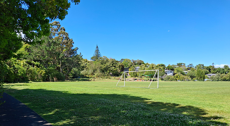 Tahurangi / Crum Park - Section of the lower sports fields with the playground in the background. Photo credit: T Hodder.